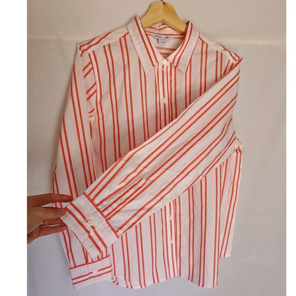 Old Navy The Classic Shirt Large Orange Coral White Striped Button Down Cotton L - Picture 4 of 7